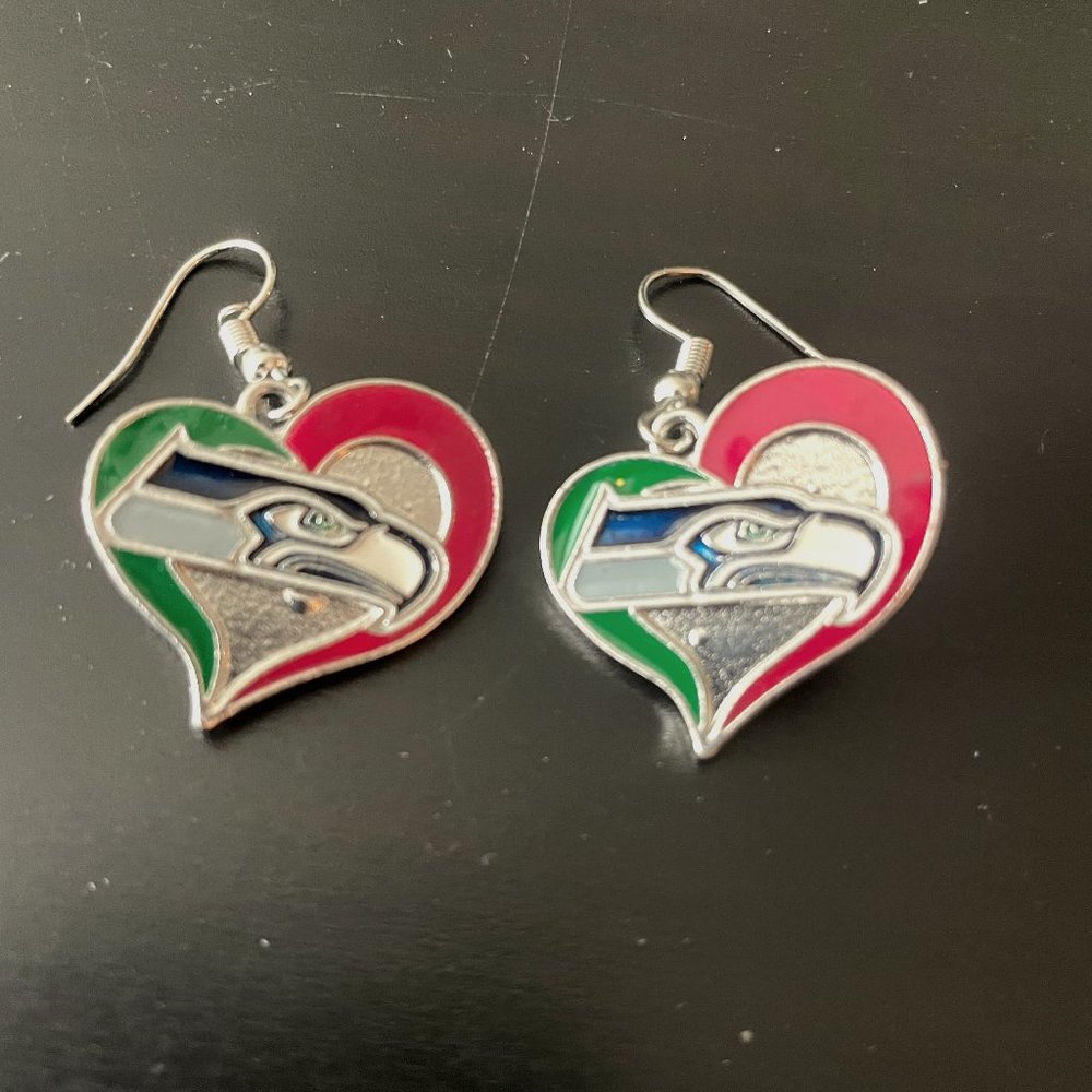 New Seattle Seahawks NFL Silver Swirl‎ Heart Dangle Earrings Non-Allergenic